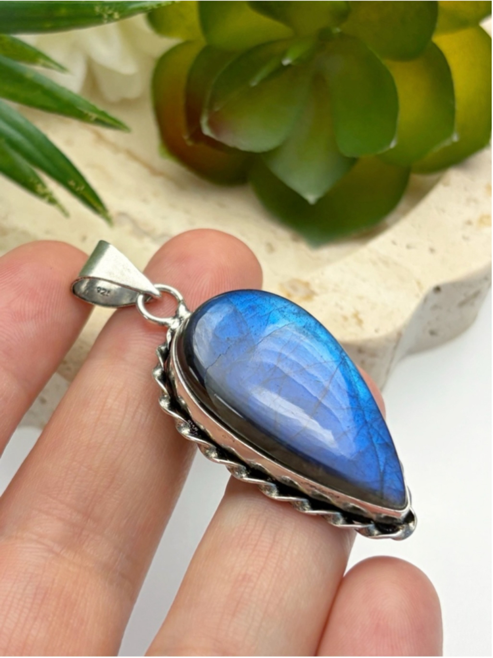 Blue Labradorite Pendant Pear Boho Southwest Sterling Silver 925 Overlay New